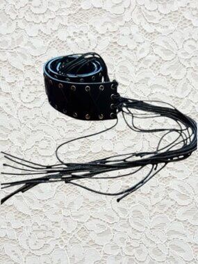 Black Pleather Lace-Up Fringe Waist Belt